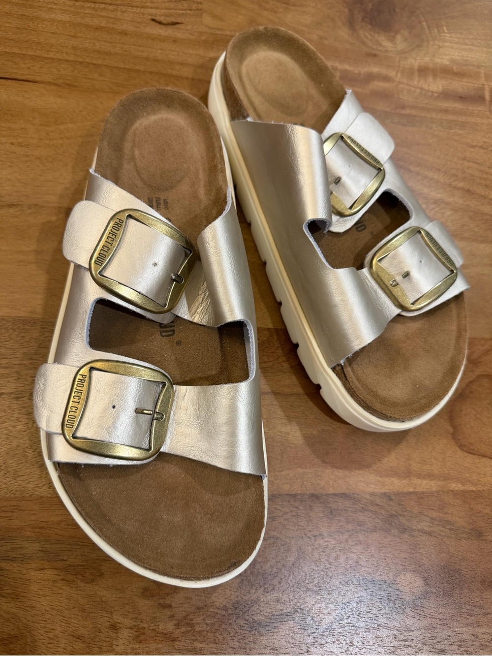 Project Cloud Gold Double-Buckle Leather Sandals w/ White Lug Sole Size 10